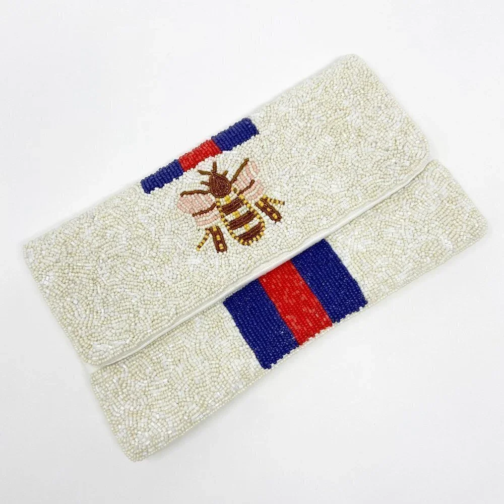 Gold & Pink Bee on Ivory Blue Red Stripe Beaded Clutch